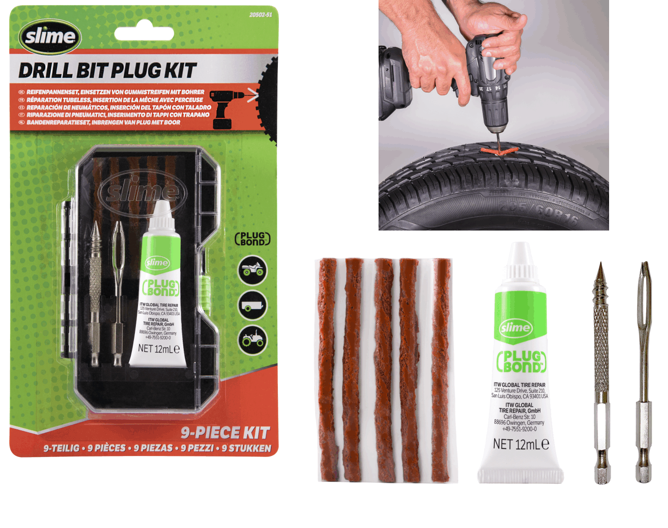 Slime Tyre Plug Reifen-Reparaturset mit Eins�tzen f�r die Bohrmaschine